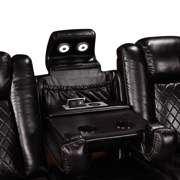 Eloise Power Recliner Sectional Sofa LED Multi Color Lights Black leather recliner with cup holders and entertainment console on a white background