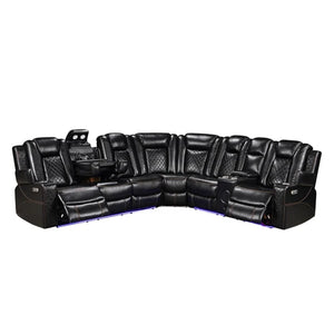 Eloise Power Recliner Sectional Sofa LED Multi Color Lights Black leather sectional sofa with reclining seats on a white background