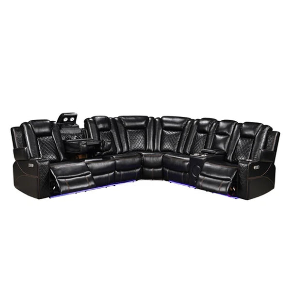 Eloise Power Recliner Sectional Sofa LED Multi Color Lights Black leather sectional sofa with reclining seats on a white background