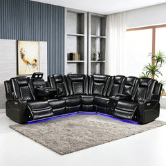 Eloise Power Recliner Sectional Sofa LED Multi Color Lights A black leather sectional sofa with quilted backrests, built-in side tables, and blue LED underglow, shown in a modern living room setting on a gray shag rug.