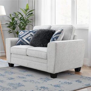 Erna Light Gray Chenille Fabric Loveseat Gray sofa with decorative pillows in a living room setting