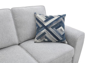 Erna Light Gray Chenille Fabric Sofa Gray sofa with a decorative pillow featuring blue and white geometric pattern