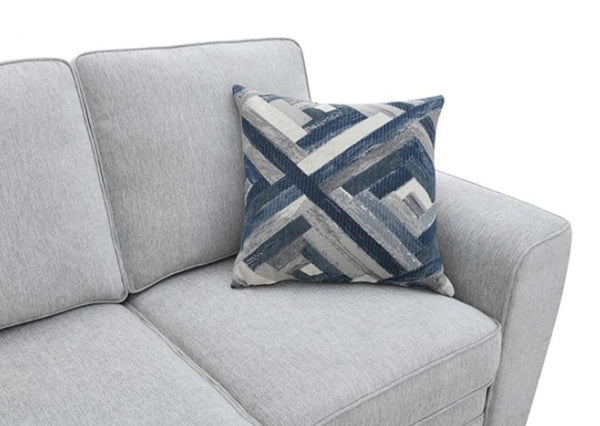 Erna Light Gray Chenille Fabric Sofa Gray sofa with a decorative pillow featuring blue and white geometric pattern