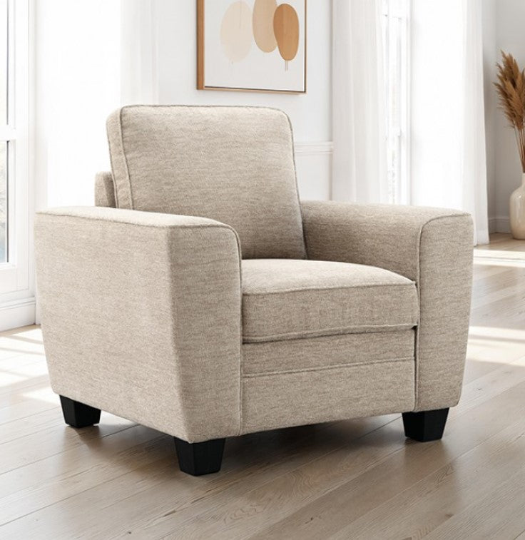 Erna Taupe Chenille Fabric Chair Beige armchair in a bright room with large windows