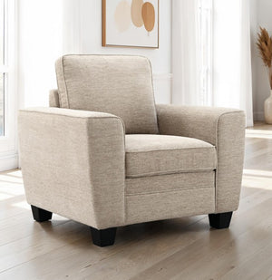 Erna Taupe Chenille Fabric Chair Beige armchair in a bright room with large windows
