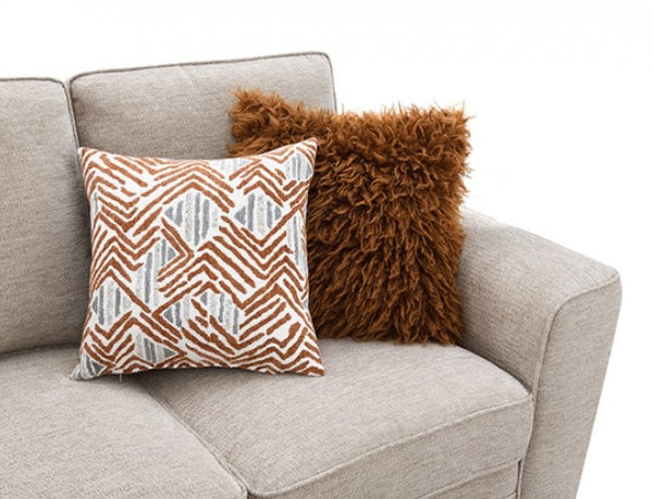 Erna Taupe Chenille Fabric Sofa Two decorative pillows on a gray sofa with a white background