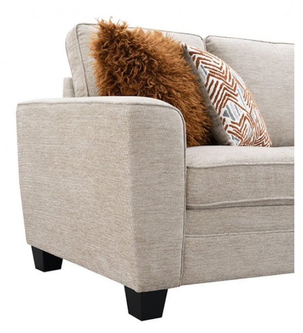 Erna Taupe Chenille Fabric Sofa Gray armchair with decorative pillows on a white background