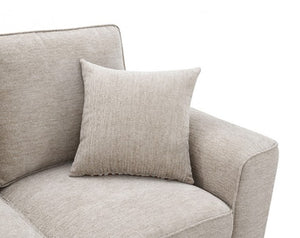 Erna Taupe Chenille Fabric Sofa Beige sofa with a matching pillow on a white background