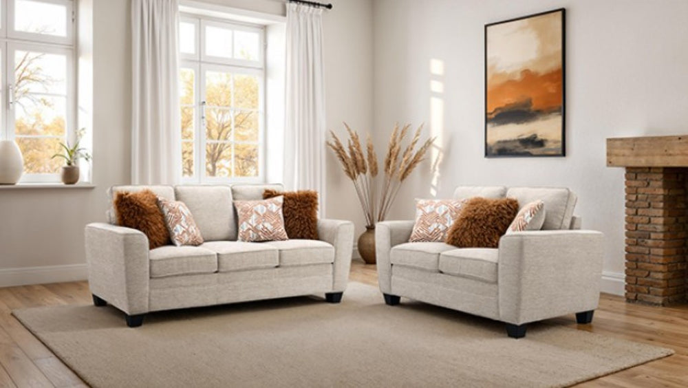 Erna Taupe Chenille Fabric Loveseat Gray sofa with decorative pillows in a living room setting