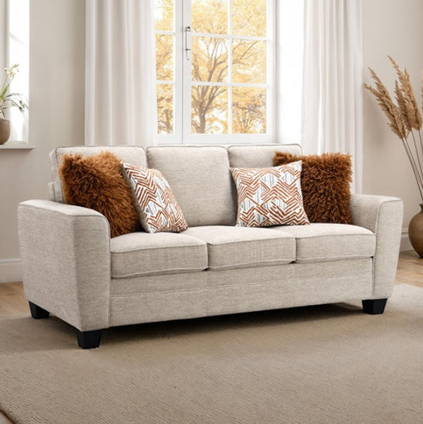 Erna Taupe Chenille Fabric Sofa Gray sofa with patterned cushions in a living room setting