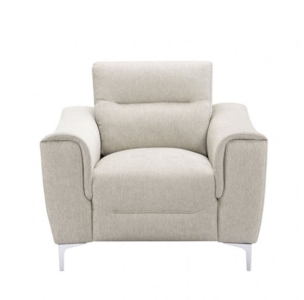 Estrella Light Taupe Brown Slope Flair Arm Chair A modern upholstered armchair in a light beige textured fabric, featuring a high back, wide armrests, and slim white metal legs, shown against a plain white background.