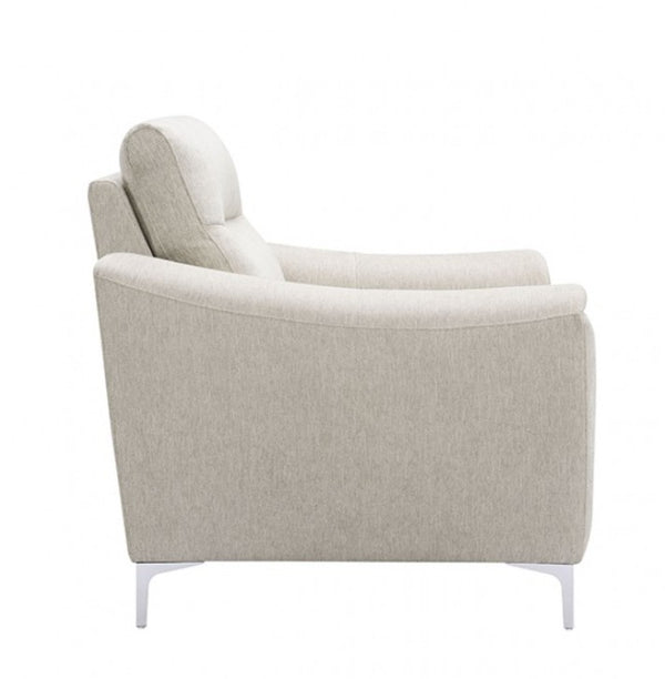 Estrella Light Taupe Brown Slope Flair Arm Chair A modern upholstered armchair in a light beige textured fabric, shown from a side profile view on a solid white background.