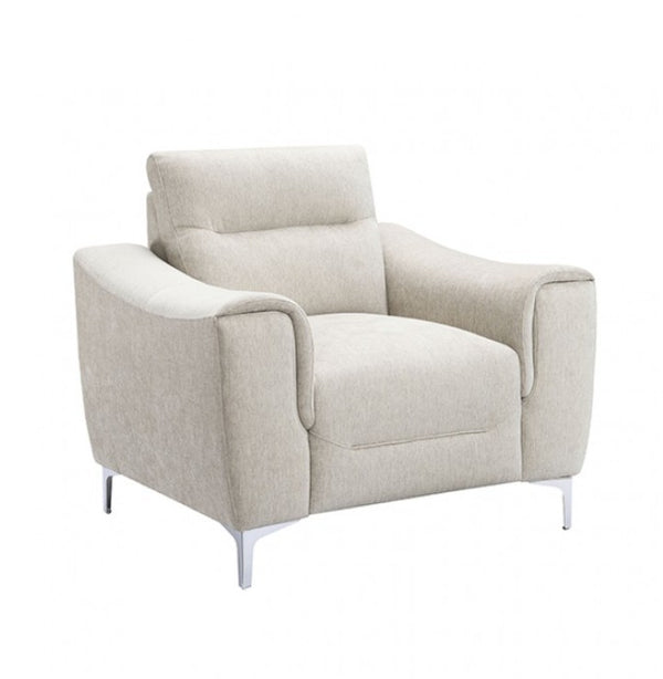 Estrella Light Taupe Brown Slope Flair Arm Chair A modern upholstered armchair in a light beige textured fabric, featuring slim silver metal legs, shown against a plain white background.