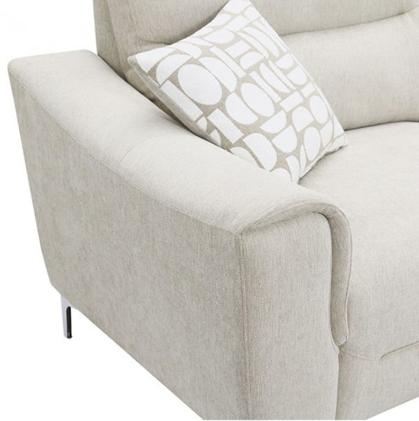 Estrella Light Taupe Brown Slope Flair Arm Loveseat Close-up of a light beige upholstered sofa arm with a patterned accent pillow in white and beige, shown on a white background.