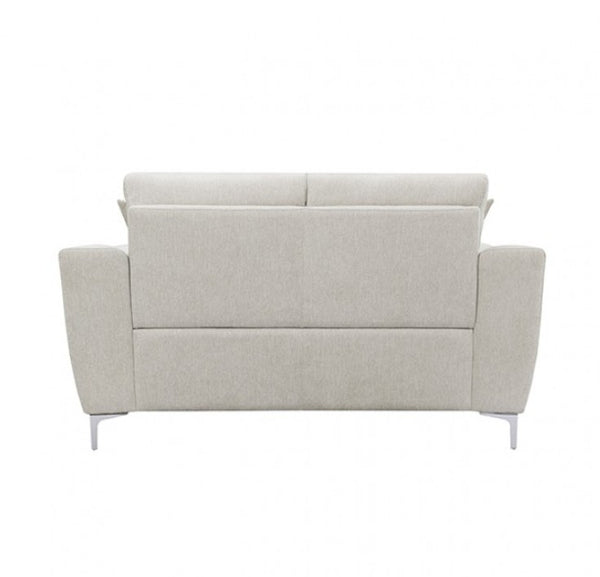 Estrella Light Taupe Brown Slope Flair Arm Loveseat A modern two-seater sofa upholstered in a light beige textured fabric, shown from the back against a plain white background.