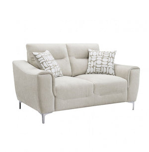 Estrella Light Taupe Brown Slope Flair Arm Loveseat A light beige upholstered loveseat with two patterned throw pillows and slim metal legs, shown on a plain white background.