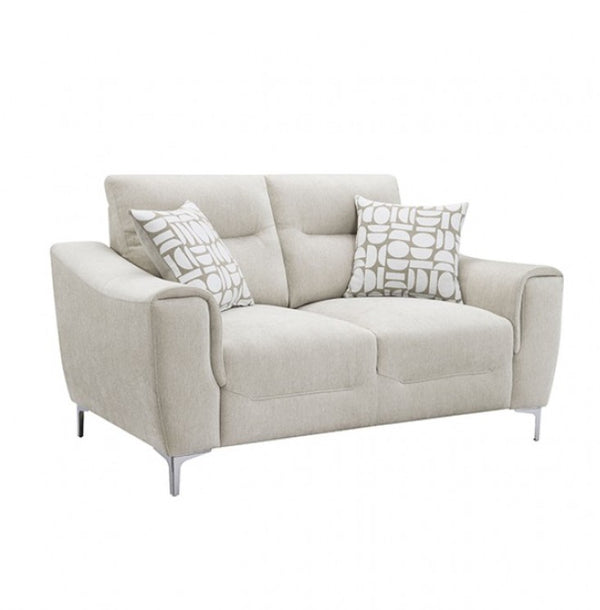 Estrella Light Taupe Brown Slope Flair Arm Loveseat A light beige upholstered loveseat with two patterned throw pillows and slim metal legs, shown on a plain white background.