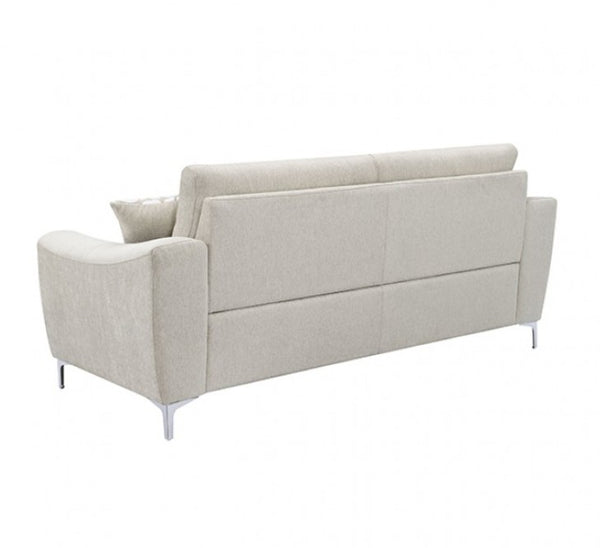 Estrella Light Taupe Brown Slope Flair Arm Sofa A modern three-seater sofa upholstered in a light beige textured fabric, featuring slim silver metal legs and a matching throw pillow, shown from a three-quarters angle on a white background.