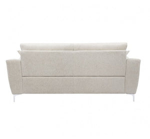 Estrella Light Taupe Brown Slope Flair Arm Sofa A modern upholstered sofa shown from the back, featuring a light beige textured fabric and slim white legs, isolated on a white background.