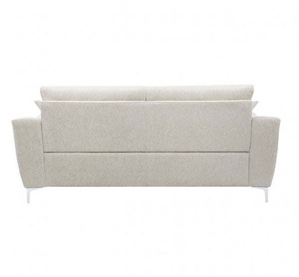 Estrella Light Taupe Brown Slope Flair Arm Sofa A modern upholstered sofa shown from the back, featuring a light beige textured fabric and slim white legs, isolated on a white background.