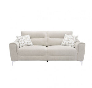 Estrella Light Taupe Brown Slope Flair Arm Sofa A modern two-seater sofa upholstered in a light beige textured fabric, featuring two decorative throw pillows with a gray geometric pattern and slim silver metal legs, shown against a plain white background.