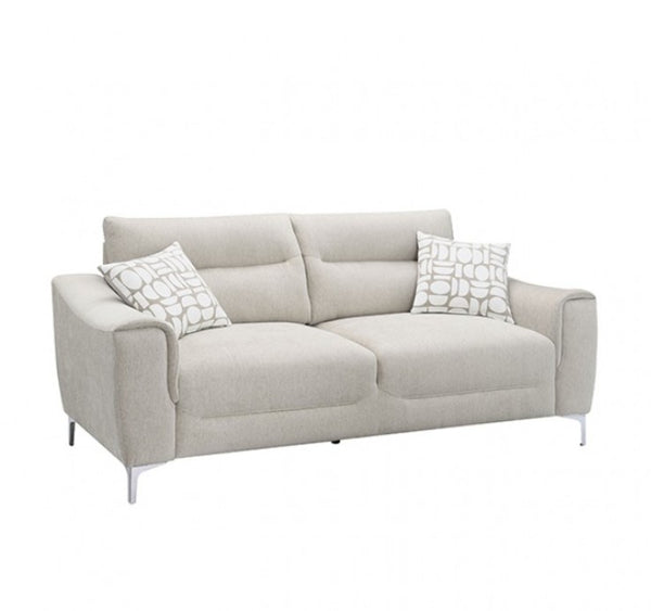 Estrella Light Taupe Brown Slope Flair Arm Sofa A light beige upholstered loveseat with two patterned throw pillows and slim silver metal legs, shown on a plain white background.
