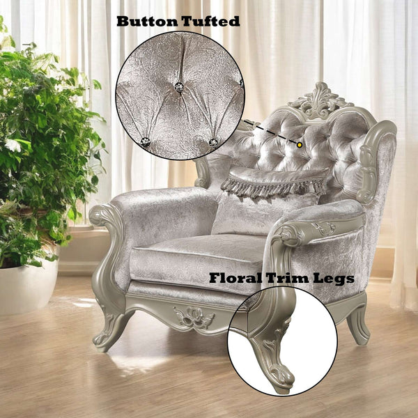 Ethaan Button Tufted Traditional Fabric Chair Decorative armchair with button tufted backrest and floral trim legs in a room with plants and curtains.