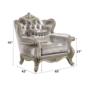 Ethaan Button Tufted Traditional Fabric Chair Decorative armchair with dimensions marked on a white background