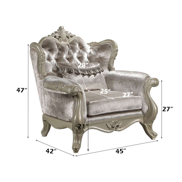 Ethaan Button Tufted Traditional Fabric Chair Decorative armchair with dimensions marked on a white background