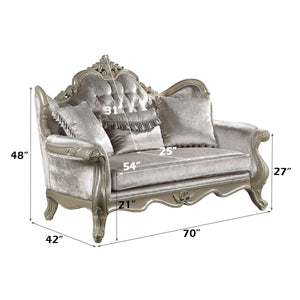 Ethaan Button Tufted Traditional Fabric Loveseat Decorative sofa with dimensions labeled on a white background