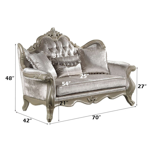 Ethaan Button Tufted Traditional Fabric Loveseat Decorative sofa with dimensions labeled on a white background