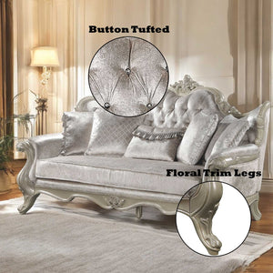 Ethaan Button Tufted Traditional Fabric Sofa Silver button tufted sofa with floral trim legs in a room setting.