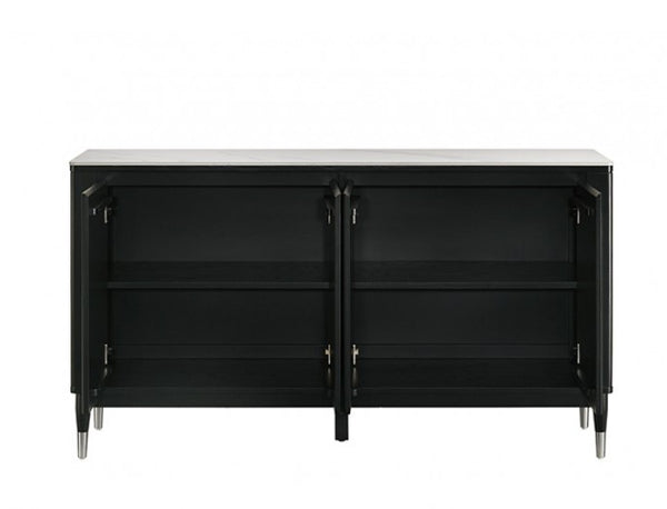 Everly Black Modern Style Marble Top Server Open Drawers