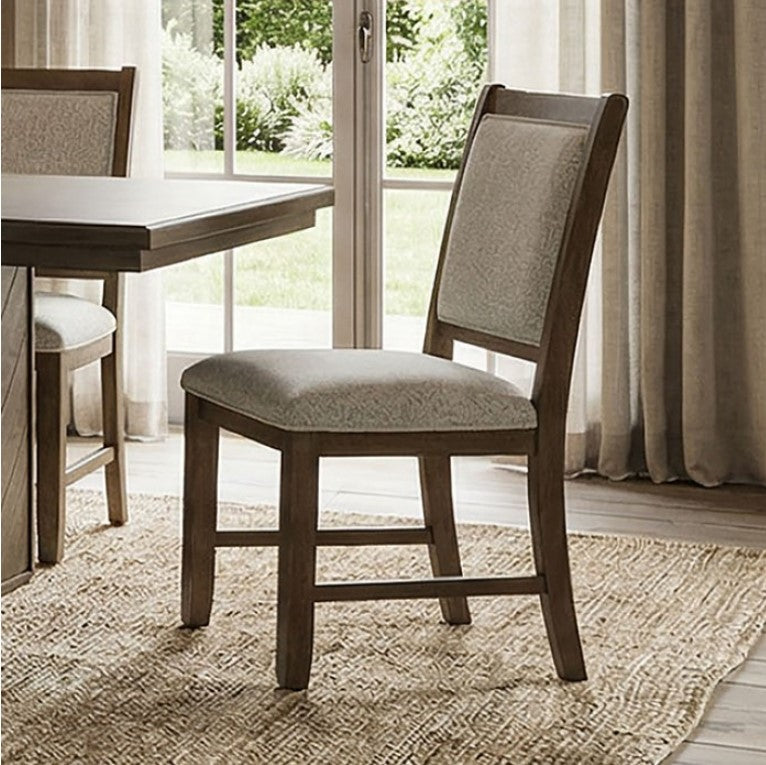 Ezera Dark Walnut Dining Chair Dining room with wooden chairs and a table near a window with curtains.