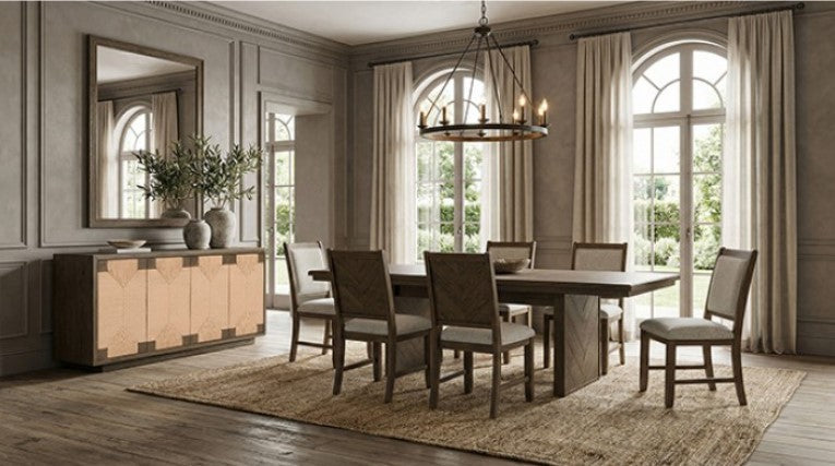 Ezera Dark Walnut Extendable Dining Table Dining room with wooden table and chairs, large windows, and chandelier.
