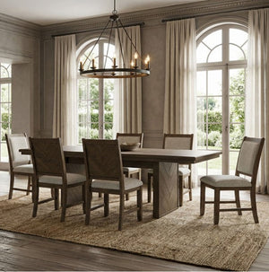 Ezera Dark Walnut Extendable Dining Table Dining room with wooden table and chairs, large windows, and chandelier.