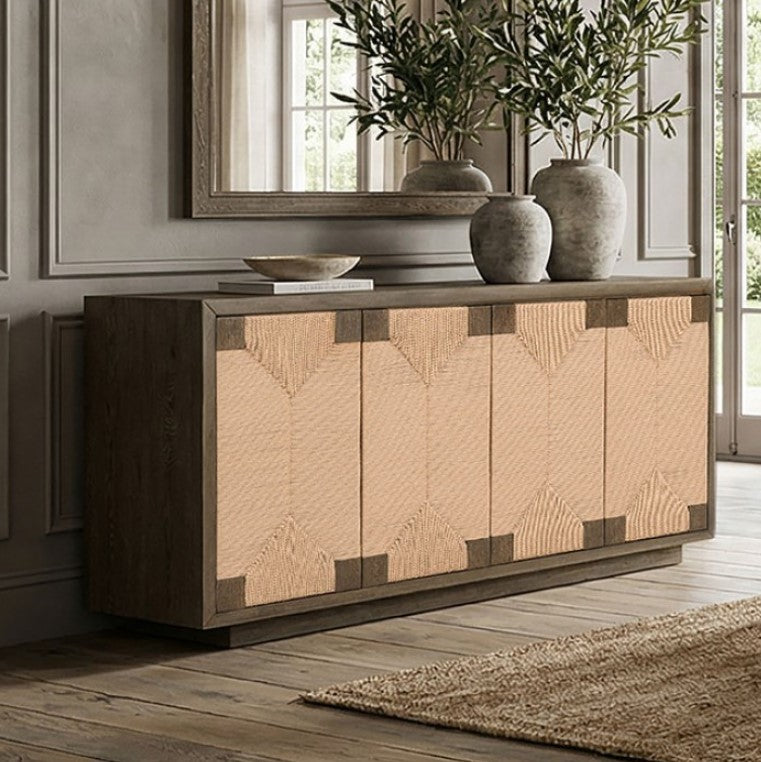 Ezera Dark Walnut Dining Server Wooden sideboard with decorative elements in a room setting