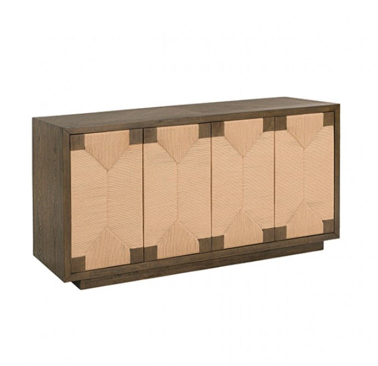 Ezera Dark Walnut Dining Server Wooden sideboard with decorative elements in a room setting