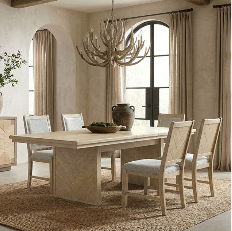Ezera Natural Extendable Dining Table Dining room with wooden table and chairs, large window, and decorative chandelier.