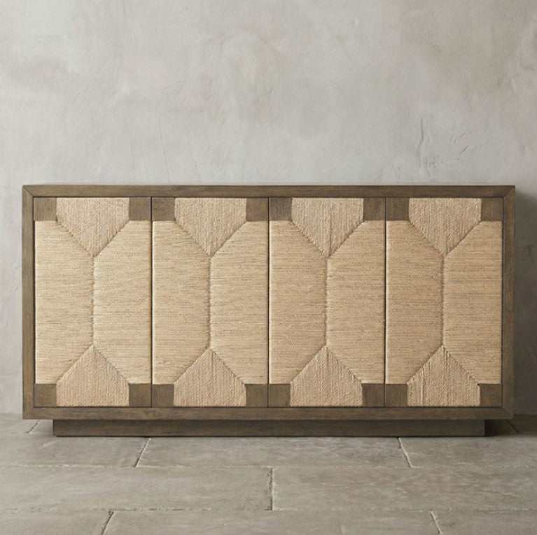Ezera Natural Dining Server Wooden sideboard with geometric pattern against a neutral wall