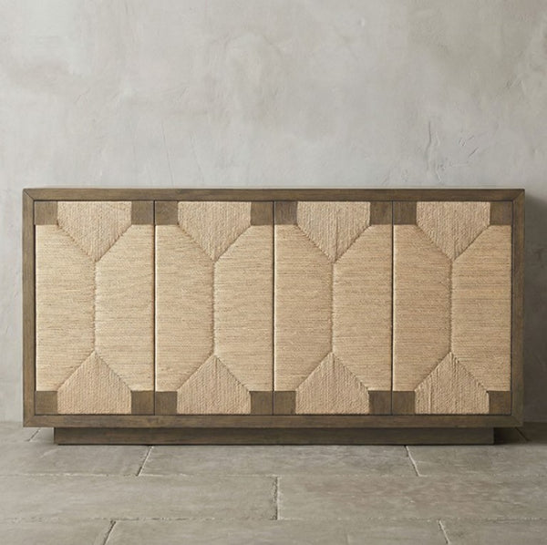 Ezera Natural Dining Server Wooden sideboard with geometric pattern against a neutral wall