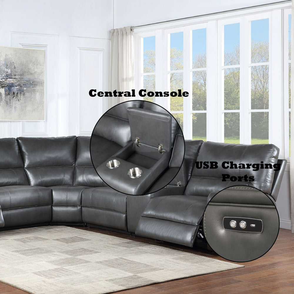 Filarnia Power Motion Gray Leather Aire Reclining Sectional Sofa