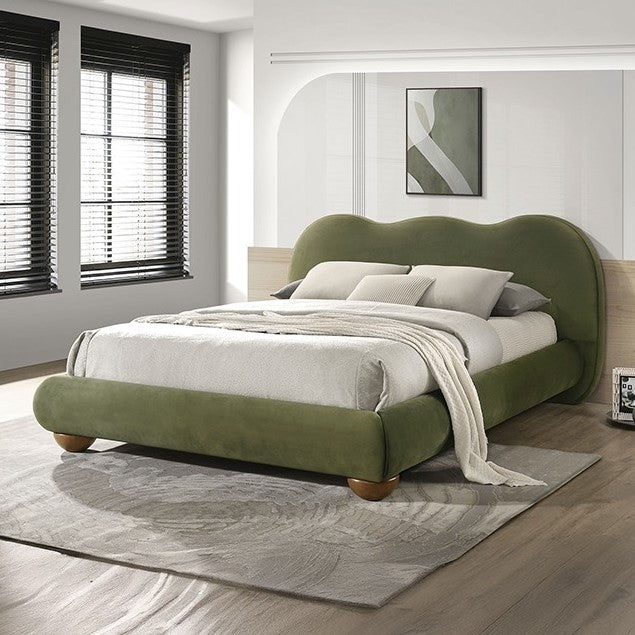 Finocia Camel-Back Olive Green Upholstered Bed Style
