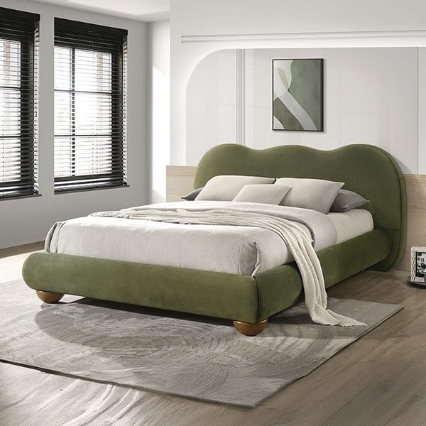 Finocia Camel-Back Olive Green Upholstered Bed Style