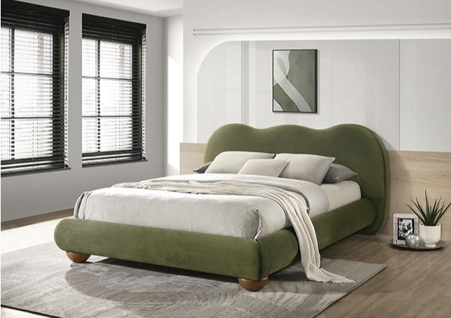 Finocia Camel-Back Olive Green Upholstered Bed Style