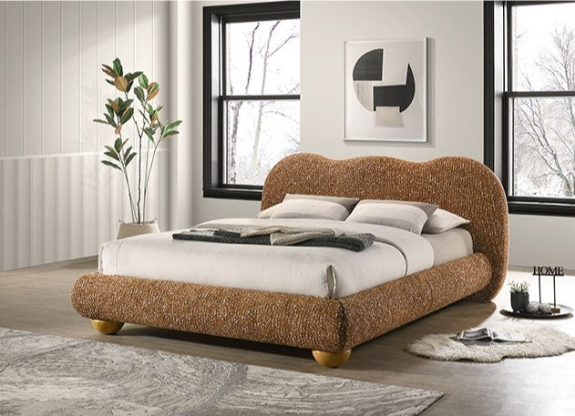 Finocia Camel-Back Terracotta Brown Upholstered Bed