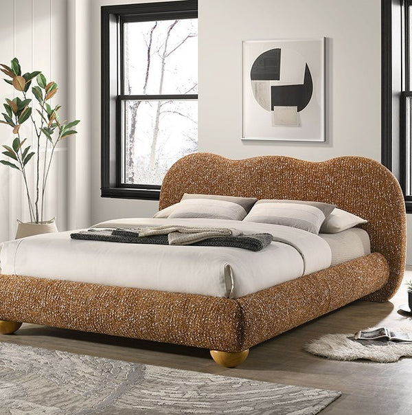 Finocia Camel-Back Terracotta Brown Upholstered Bed