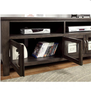 Floranse 60" Transitional Gray Dual  Cabinet TV Stand Wooden entertainment console with electronic devices and DVDs on a carpeted floor.