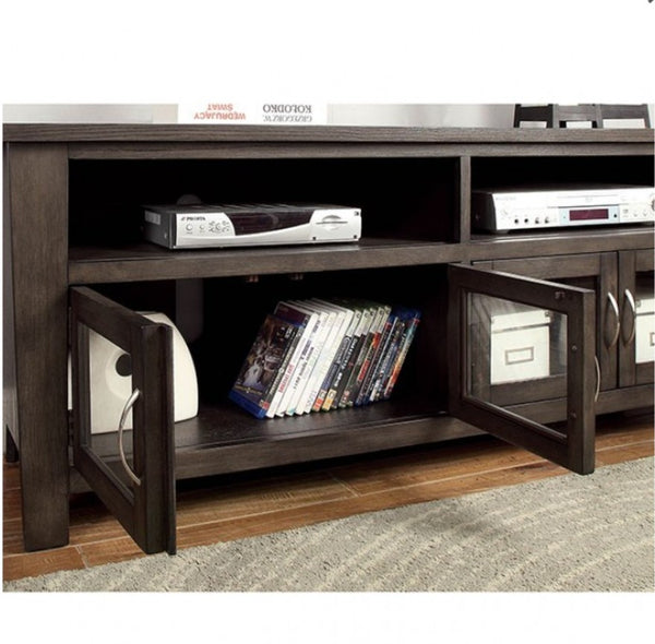 Floranse 60" Transitional Gray Dual  Cabinet TV Stand Wooden entertainment console with electronic devices and DVDs on a carpeted floor.