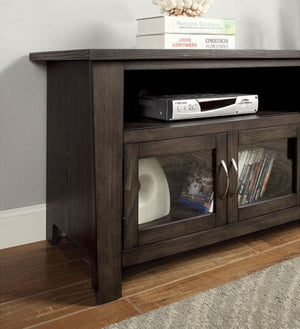 Floranse 60" Transitional Gray Dual  Cabinet TV Stand Dark wood entertainment console with electronic devices and books on a gray wall background